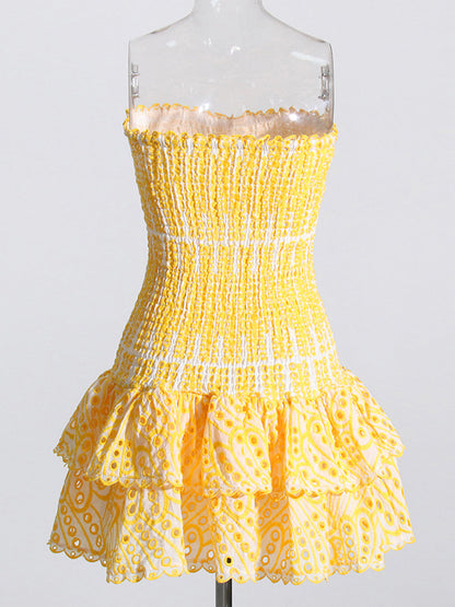 Strapless Smocked Eyelet Embroidery Tiered Ruffle Scallop Hem Mini Dress