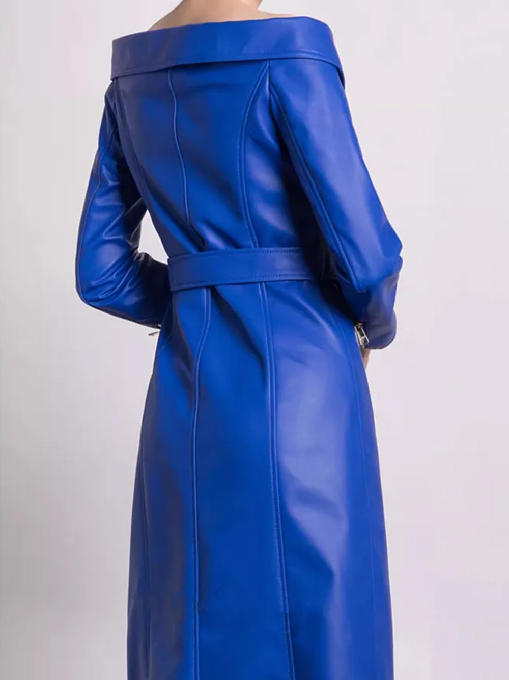 Off Shoulder Moto Lapel Zip Detail Belted Faux Leather Maxi Dress
