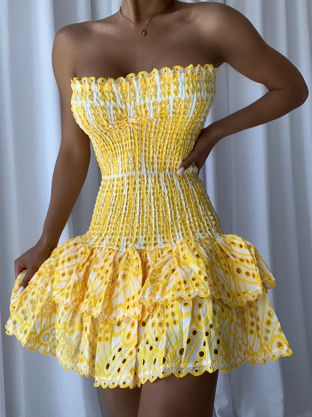 Strapless Smocked Eyelet Embroidery Tiered Ruffle Scallop Hem Mini Dress