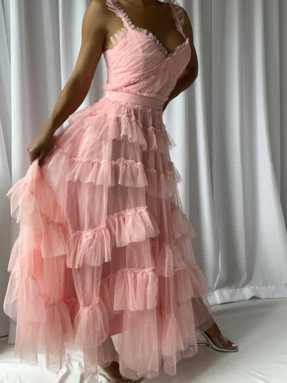 Ruffle Strap Tiered Tulle Maxi Gown