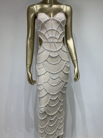 Sweetheart Neck Pearl Strap Sequin Embellished Side Cutout Bodycon Midi Dress