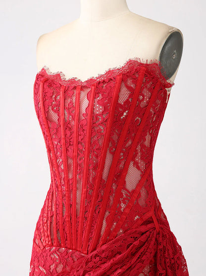 Strapless Boning Channel Lace Applique Asymmetric Hem Mini Dress