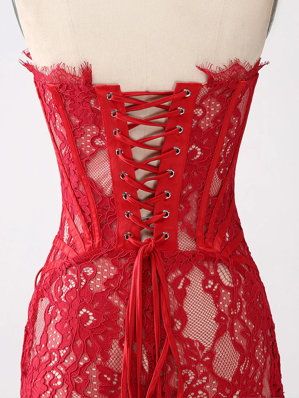 Strapless Boning Channel Lace Applique Asymmetric Hem Mini Dress