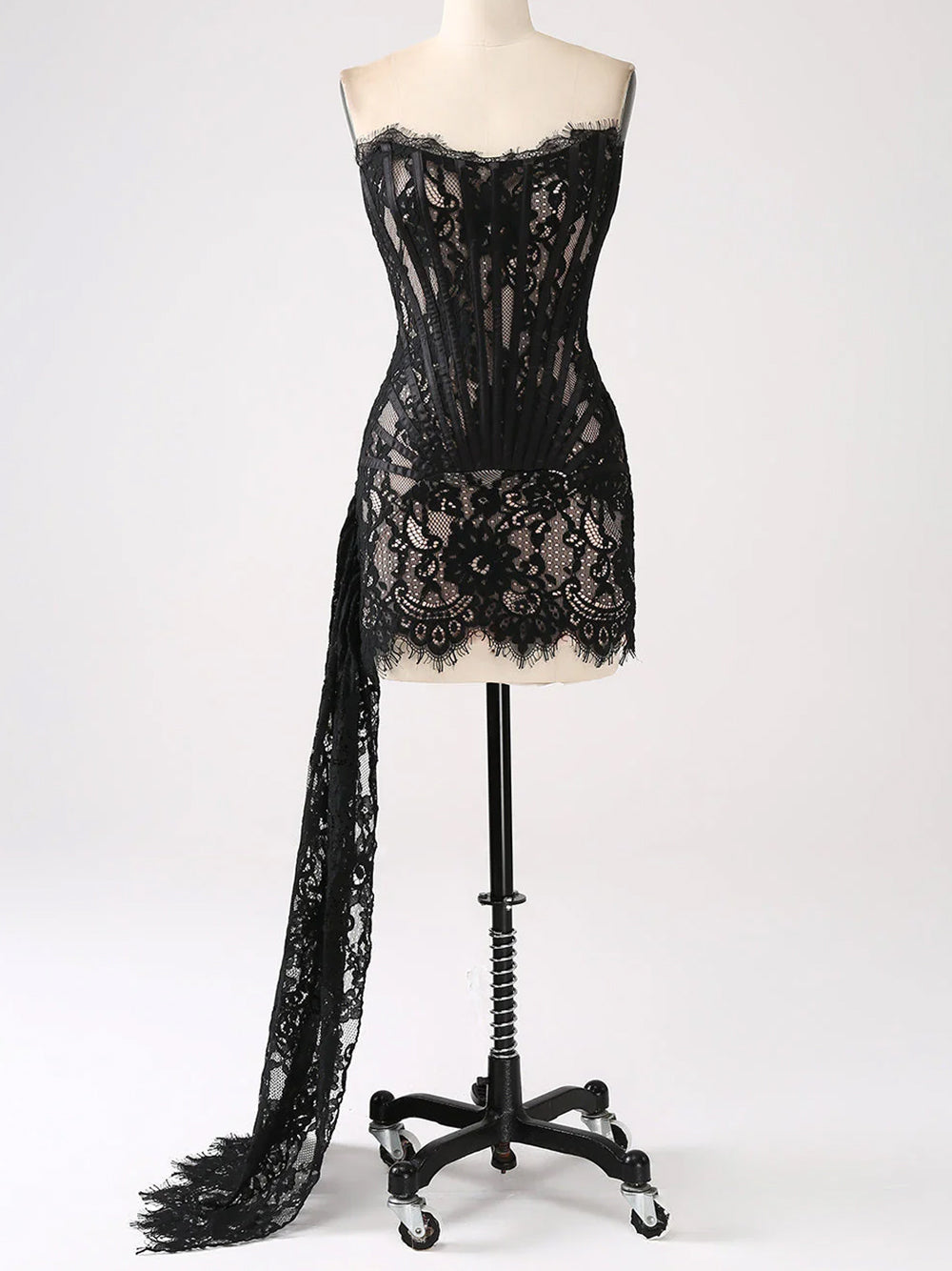 Strapless Sweetheart Corset Boned Floral Lace Draped Mini Dress