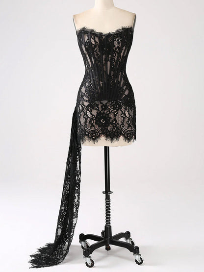 Strapless Sweetheart Corset Boned Floral Lace Draped Mini Dress