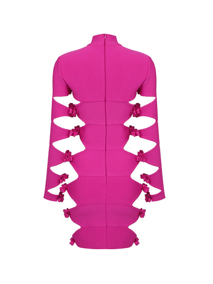 Mock Neck Long Sleeve Side Cutout Bow Detail Bandage Mini Dress