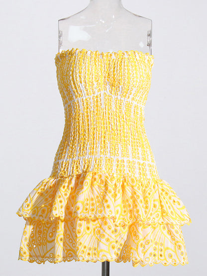 Strapless Smocked Eyelet Embroidery Tiered Ruffle Scallop Hem Mini Dress