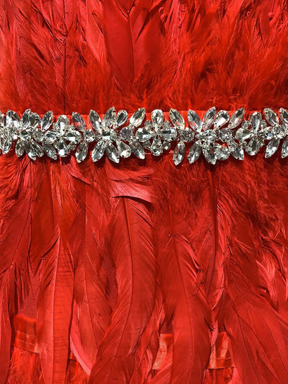Strapless Asymmetric Feather Trim Mesh Corset Midi Dress