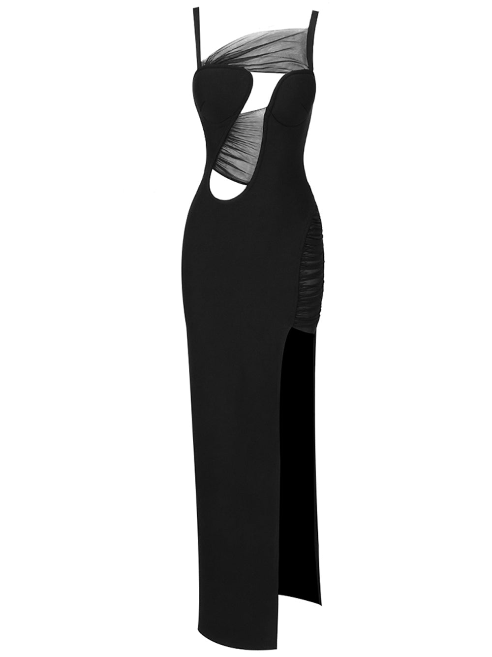 Spaghetti Strap Mesh Panel Cutout High Slit Bodycon Maxi Gown