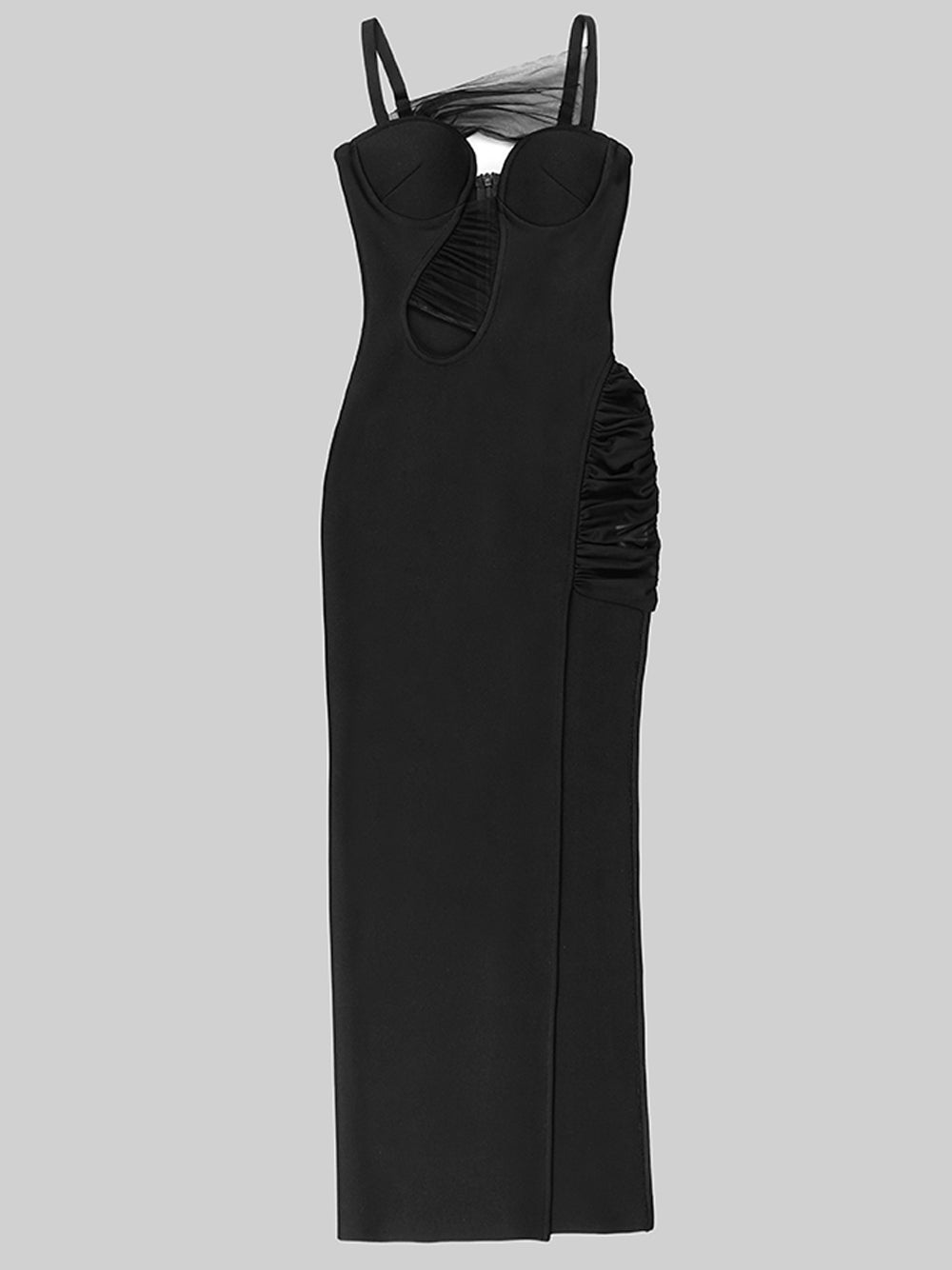 Spaghetti Strap Mesh Panel Cutout High Slit Bodycon Maxi Gown