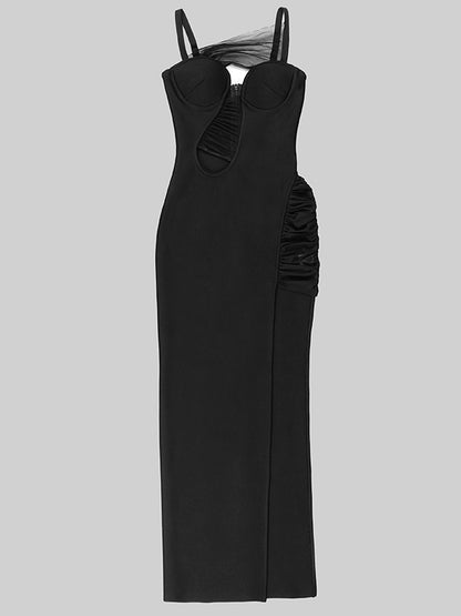 Spaghetti Strap Mesh Panel Cutout High Slit Bodycon Maxi Gown