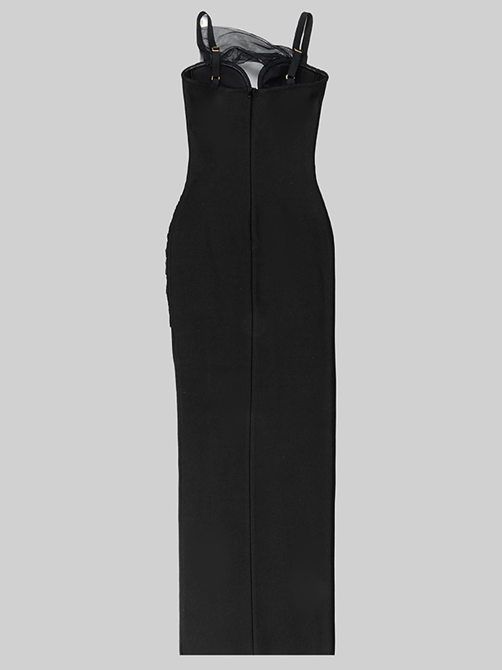 Spaghetti Strap Mesh Panel Cutout High Slit Bodycon Maxi Gown