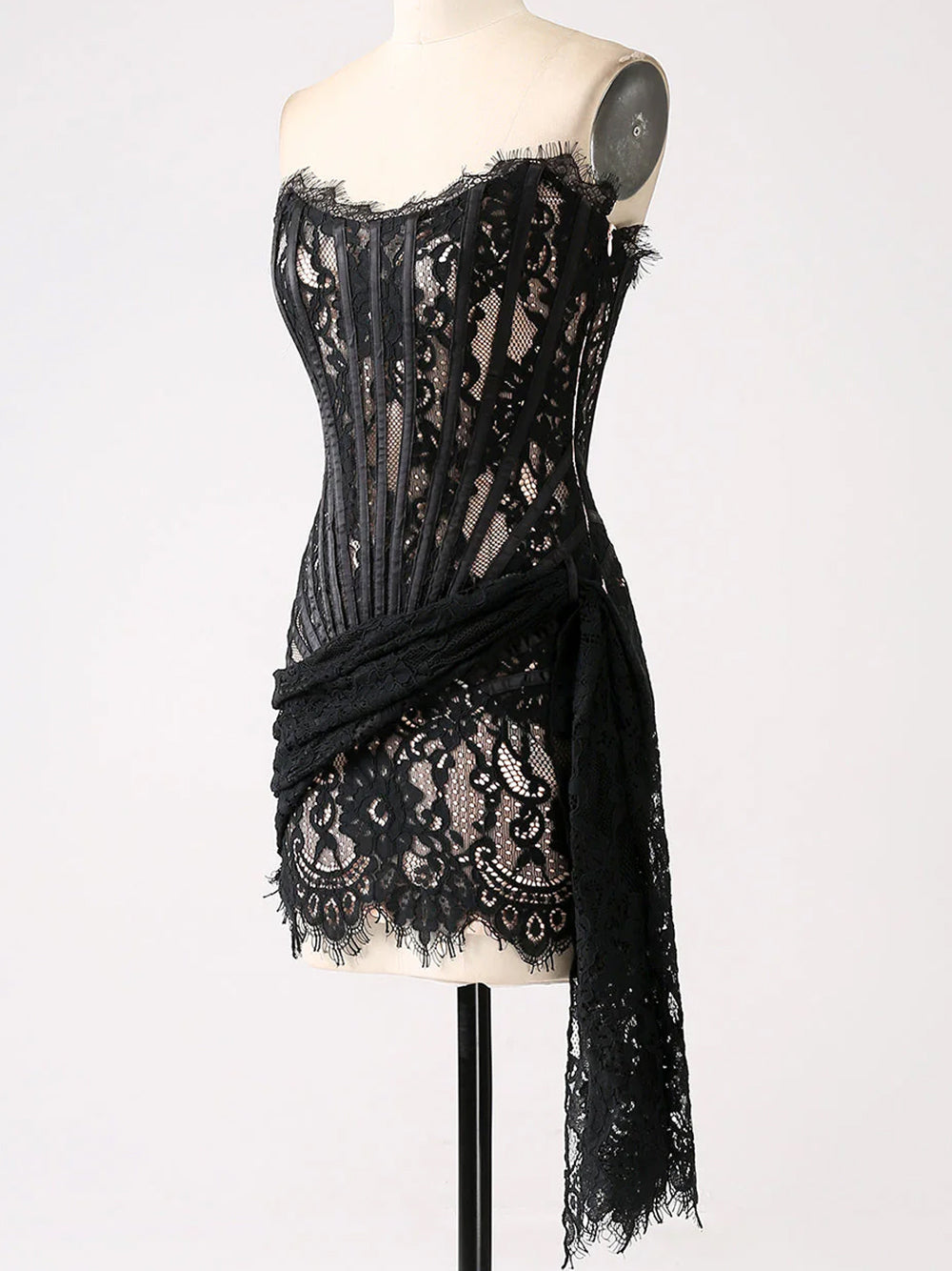 Strapless Sweetheart Corset Boned Floral Lace Draped Mini Dress