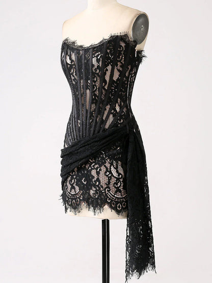 Strapless Sweetheart Corset Boned Floral Lace Draped Mini Dress