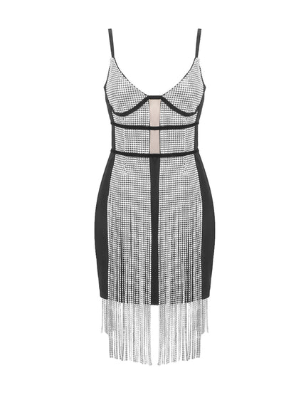 Spaghetti Strap Bustier Mesh Panel Rhinestone Fringe Mini Dress