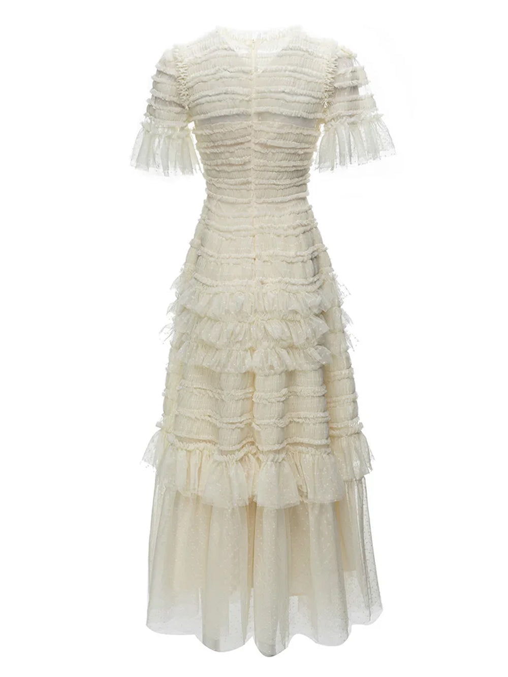 Crew Neck Horizontal Band Ruffled Point D Esprit Tiered Maxi Gown