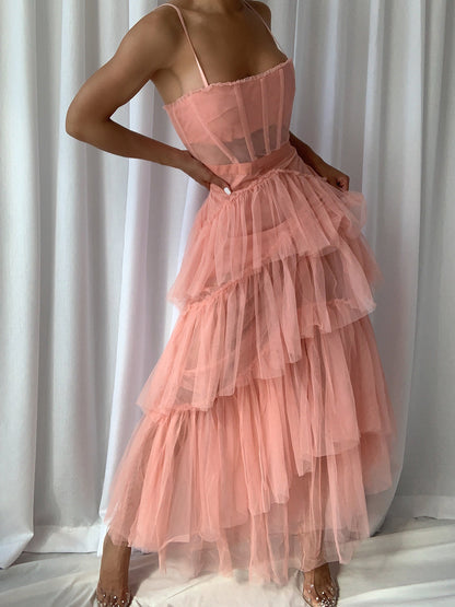 Spaghetti Strap Corset Sweetheart Ruffle Trim Chevron Tiered Tulle Maxi Dress