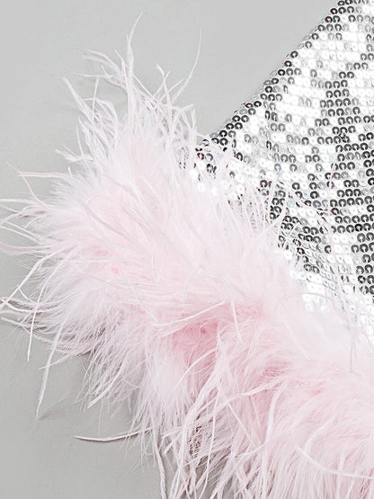 Strapless All Over Sequin Feather Trim Neckline and Hem Mini Dress