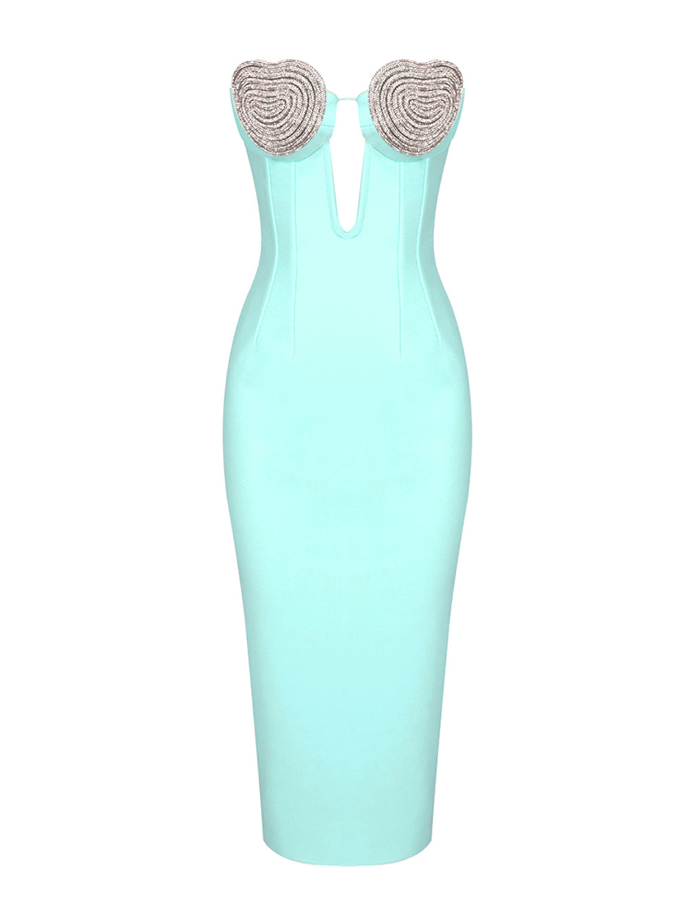 Strapless Spiral Rhinestone Cup Plunging U Neck Bandage Midi Dress