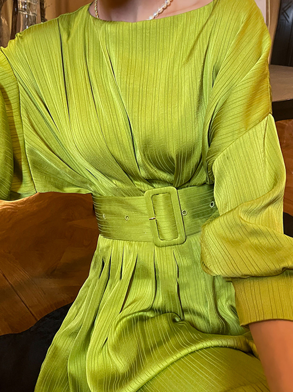 Round Neck Pleated Waist Bishop Sleeve Flared Midi Dress