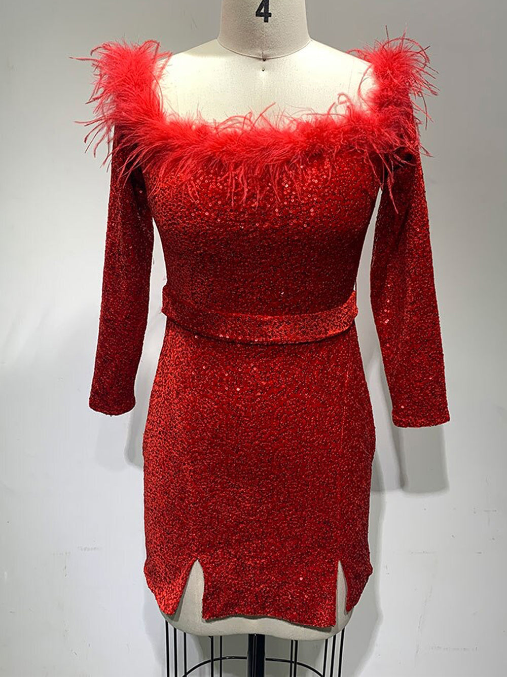 Off Shoulder Feather Trim Long Sleeve Sequin Bodycon Mini Dress