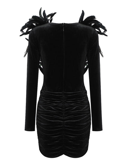 Deep V-Neck Long Sleeve Velvet Feather Trim Beaded Applique Ruched Mini Dress