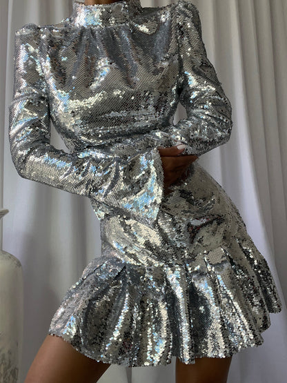 Mock Neck Puff Shoulder Sequin Ruffle Hem Flounce Mini Dress