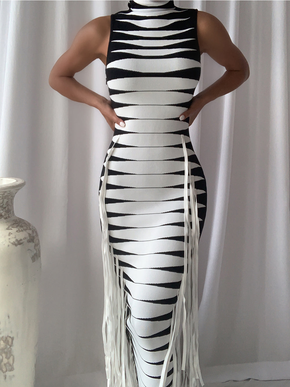 Mock Neck Sleeveless Graphic Stripe Side Fringe Bodycon Midi Dress