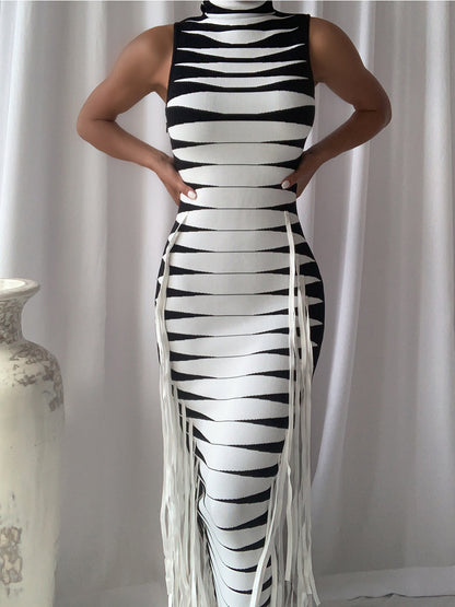 Mock Neck Sleeveless Graphic Stripe Side Fringe Bodycon Midi Dress