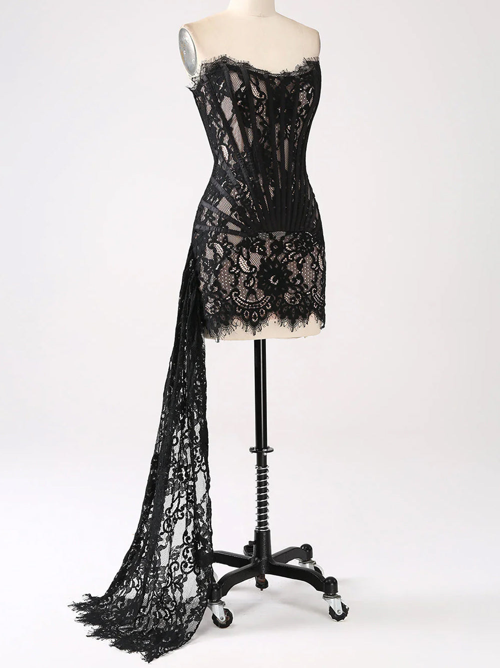 Strapless Sweetheart Corset Boned Floral Lace Draped Mini Dress
