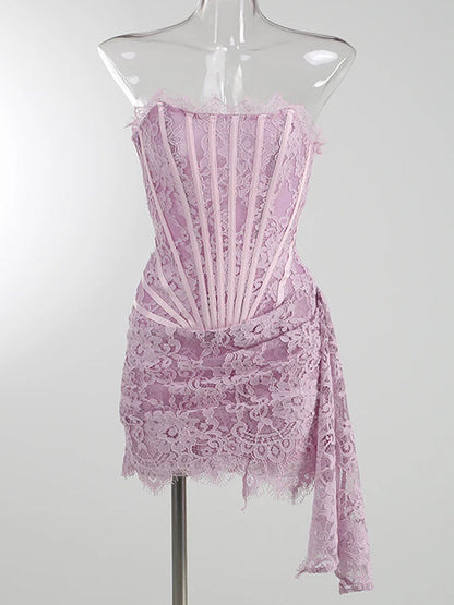 Strapless Boning Channel Lace Draped Overlay Mini Dress