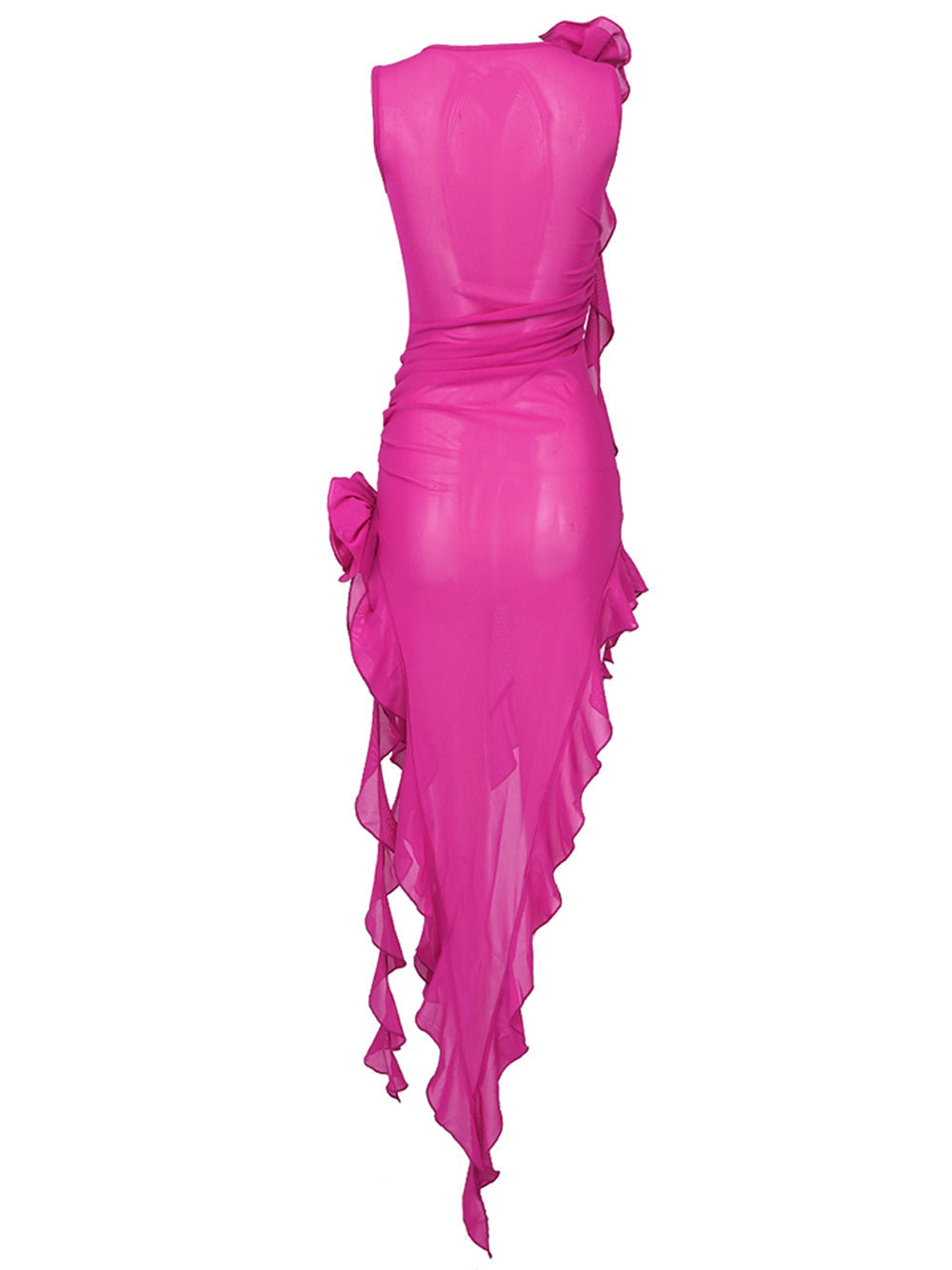 Round Neck One Shoulder Ruffle Ruched Asymmetric Tiered Midi Dress