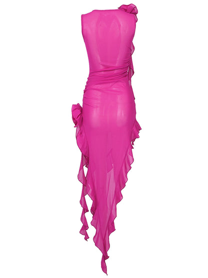 Round Neck One Shoulder Ruffle Ruched Asymmetric Tiered Midi Dress