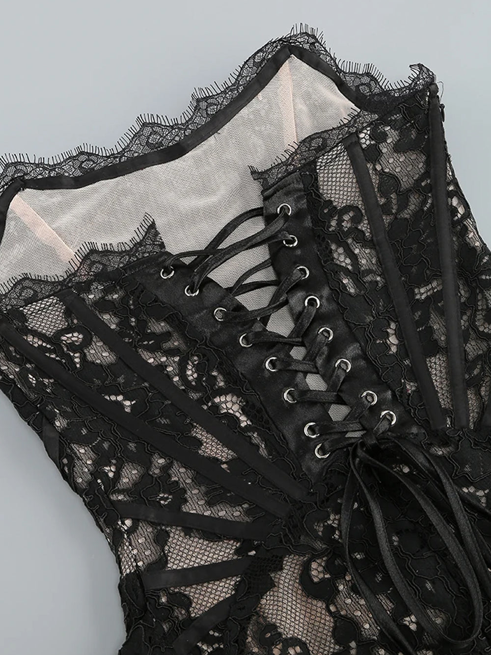 Strapless Sweetheart Corset Boned Floral Lace Draped Mini Dress
