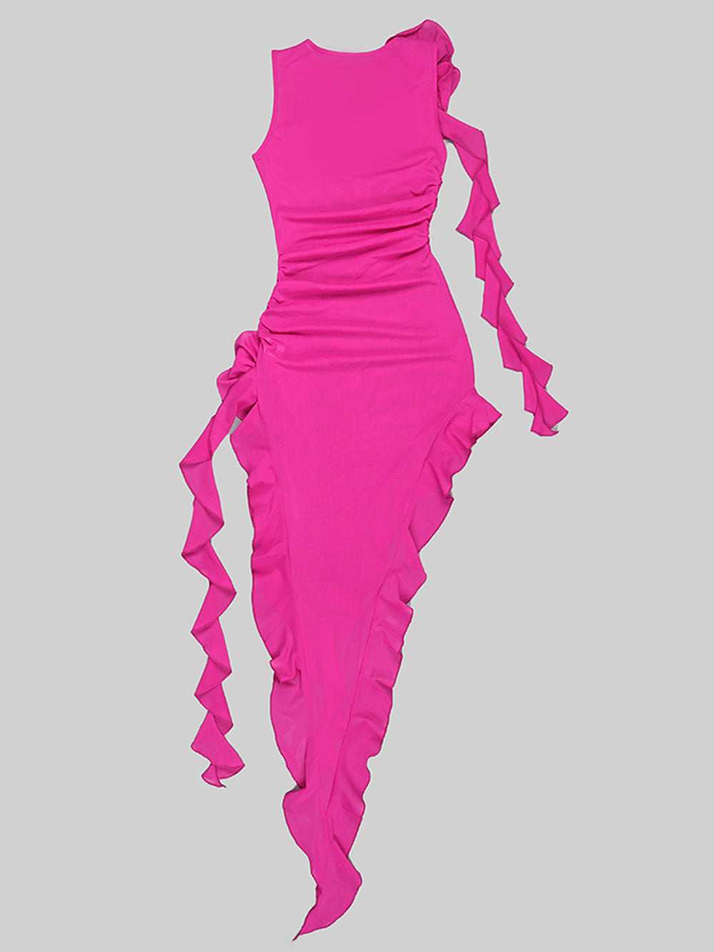 Round Neck One Shoulder Ruffle Ruched Asymmetric Tiered Midi Dress