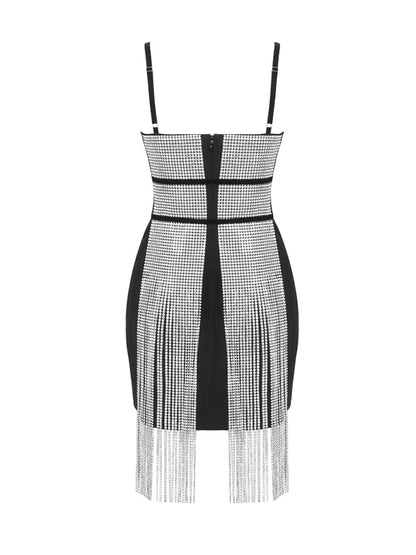 Spaghetti Strap Bustier Mesh Panel Rhinestone Fringe Mini Dress