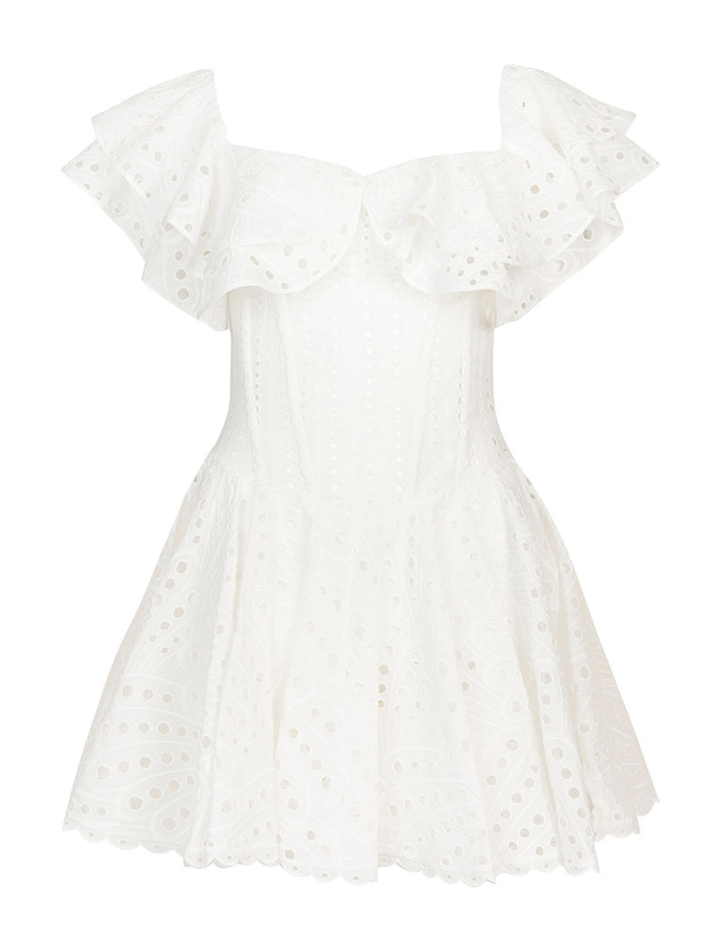 Off Shoulder Ruffle Trim Eyelet Embroidery Corset Fit and Flare Mini Dress