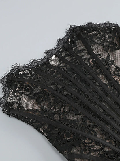 Strapless Sweetheart Corset Boned Floral Lace Draped Mini Dress