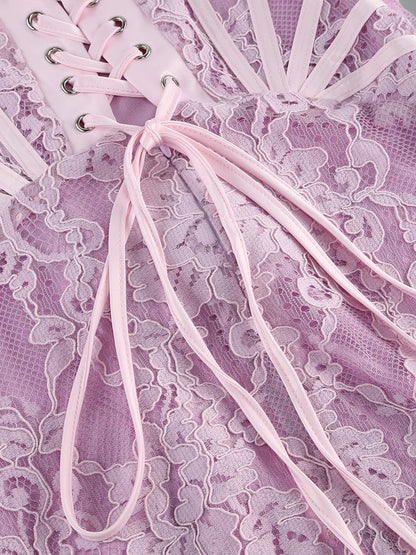 Strapless Boning Channel Lace Draped Overlay Mini Dress
