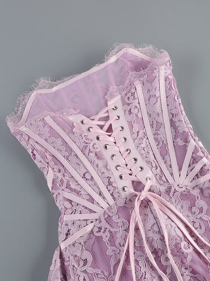 Strapless Boning Channel Lace Draped Overlay Mini Dress