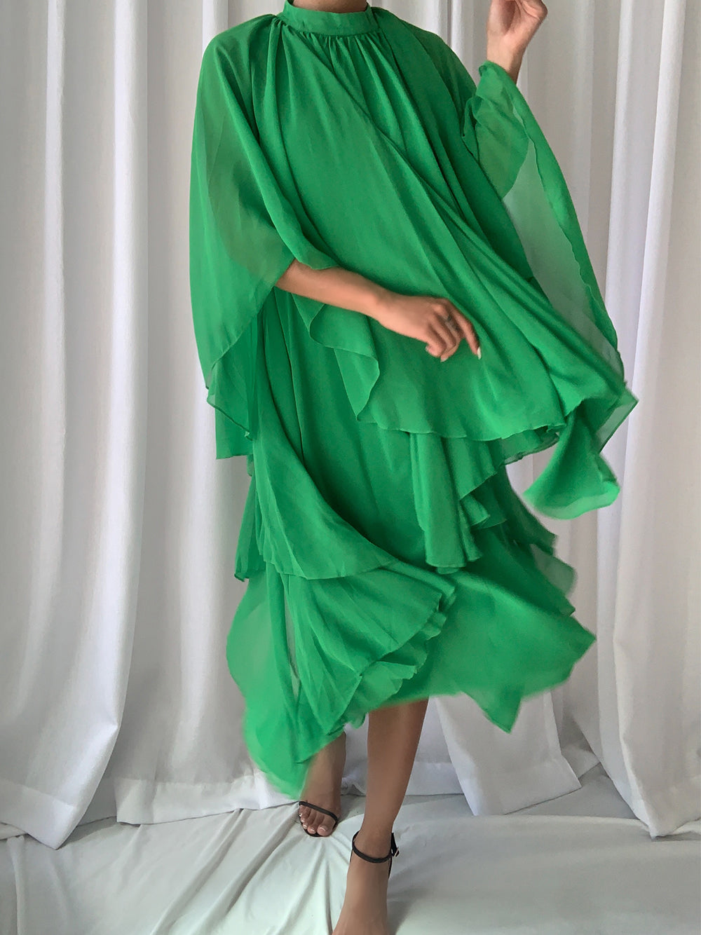 High Neck Pleated Cape Sleeve Tiered Ruffle Chiffon Maxi Dress