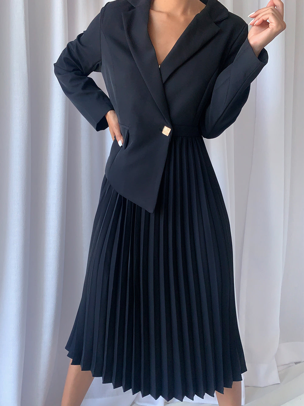 Notched Lapel Long Sleeve Belted Blazer Pleated Midi Dress