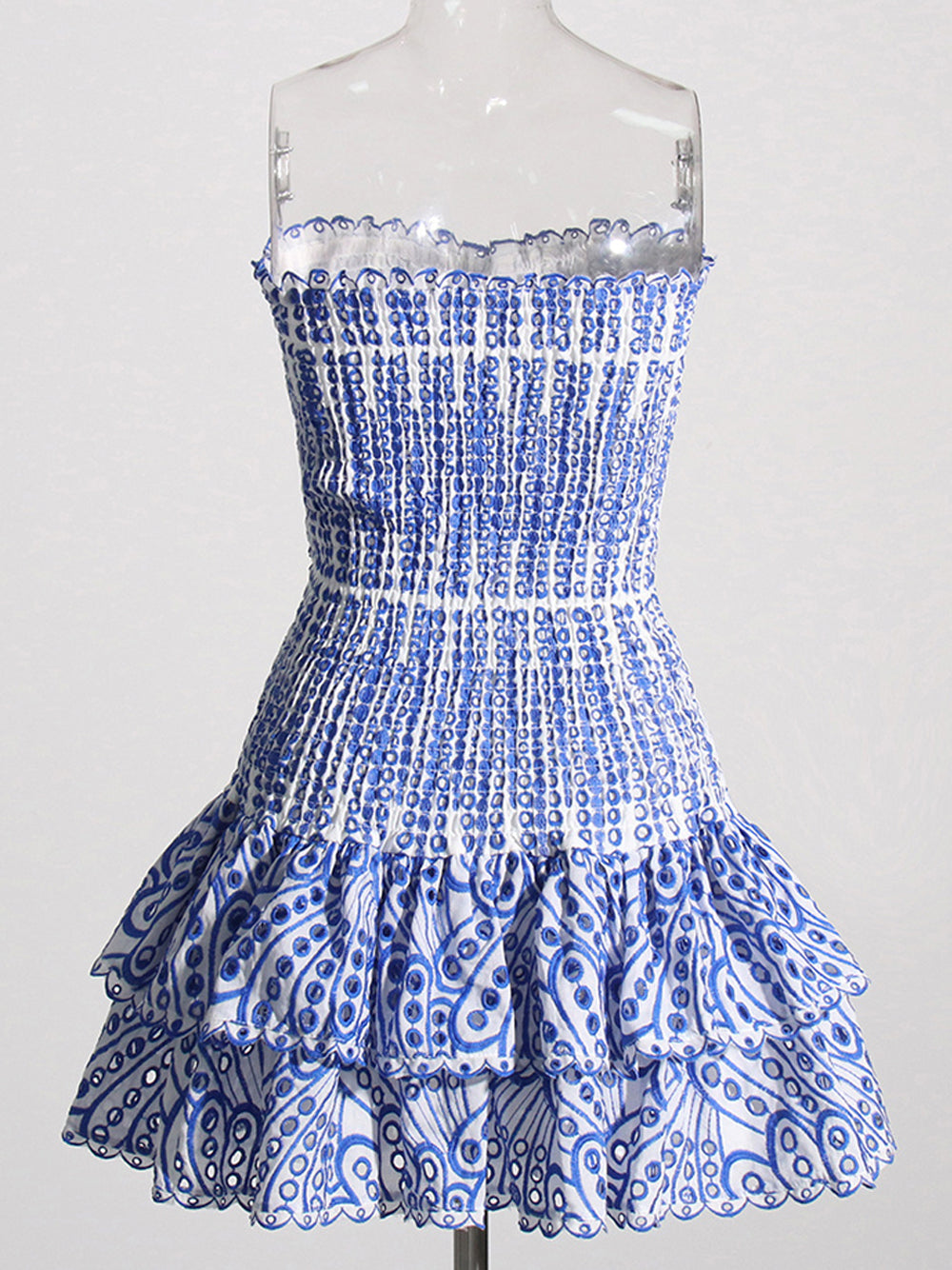 Strapless Smocked Eyelet Embroidery Tiered Ruffle Scallop Hem Mini Dress