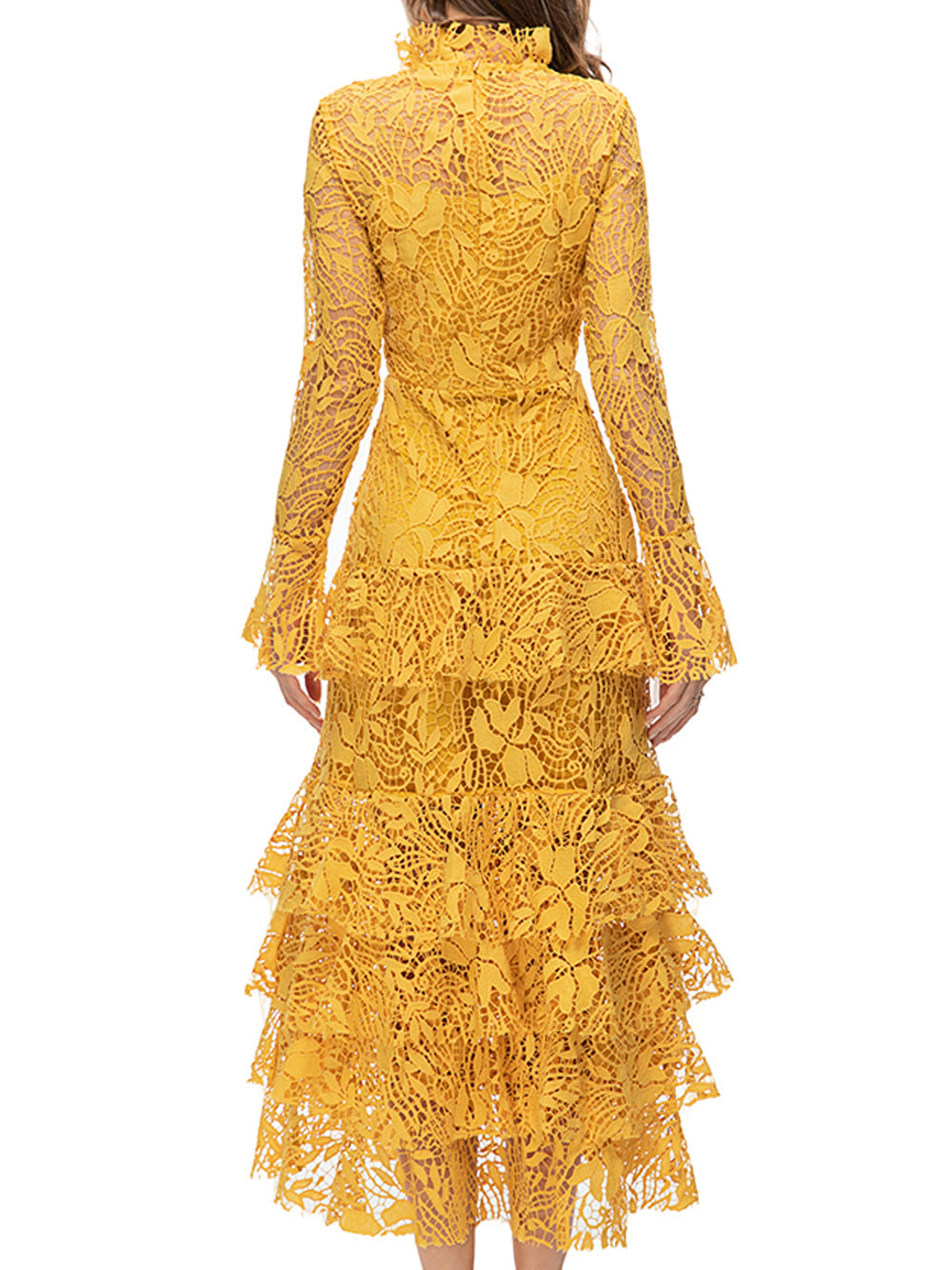 High Neck Scalloped Edge Triple Tier Bell Sleeve Lace Maxi Dress