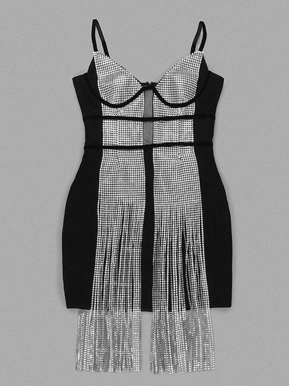 Spaghetti Strap Bustier Mesh Panel Rhinestone Fringe Mini Dress