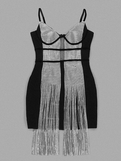 Spaghetti Strap Bustier Mesh Panel Rhinestone Fringe Mini Dress