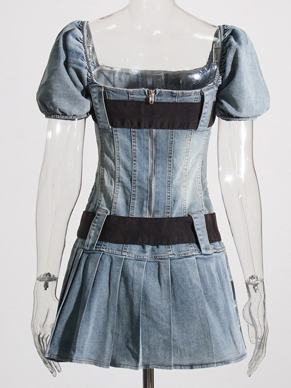 Square Neck Puff Sleeve Denim Fit and Flare Mini Dress