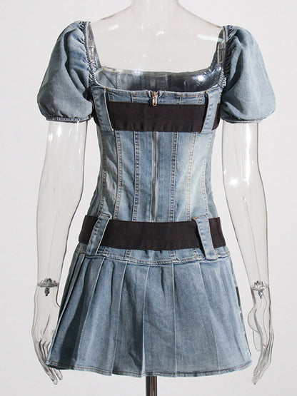 Square Neck Puff Sleeve Denim Fit and Flare Mini Dress