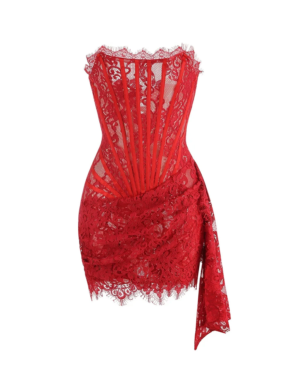 Strapless Boning Channel Lace Applique Asymmetric Hem Mini Dress