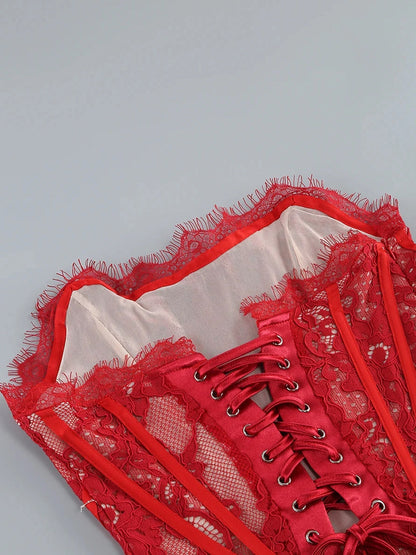 Strapless Boning Channel Lace Applique Asymmetric Hem Mini Dress